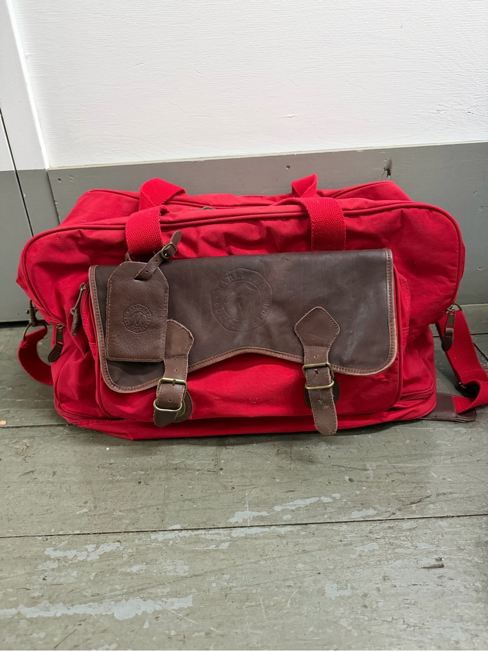 VTG Manhattan Portage Country Store Red Canvas Leather Duffel Travel Bag 22”